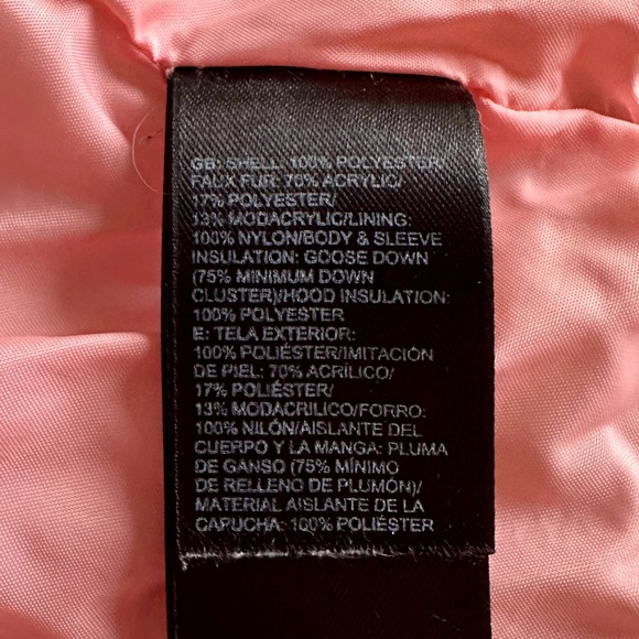 The North Face 550 Down Faux Fur Trim Hood Long Puffer Jacket Pink & Light Gray - Picture 12 of 12